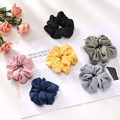 Scrunchies, Fnova 6 Pack Flower Chiffon Scrunchies for Hair, Big Hair Ties Ponytail Holders with Bow for Women Girls, 6 Solid Colors