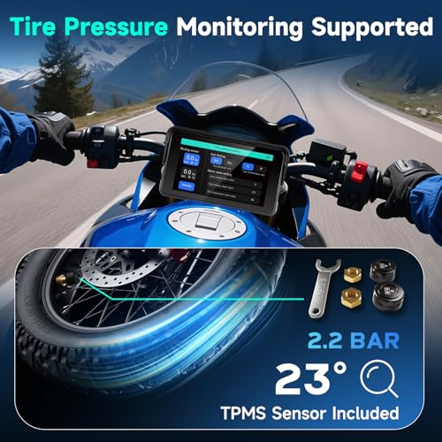 Image of 5 Inch Motorcycle CarPlay Screen with TPMS Sensors, Wireless Android Auto, Handlebar Control Power Cable, IP68 Waterproof Portable Motorcycle GPS Display