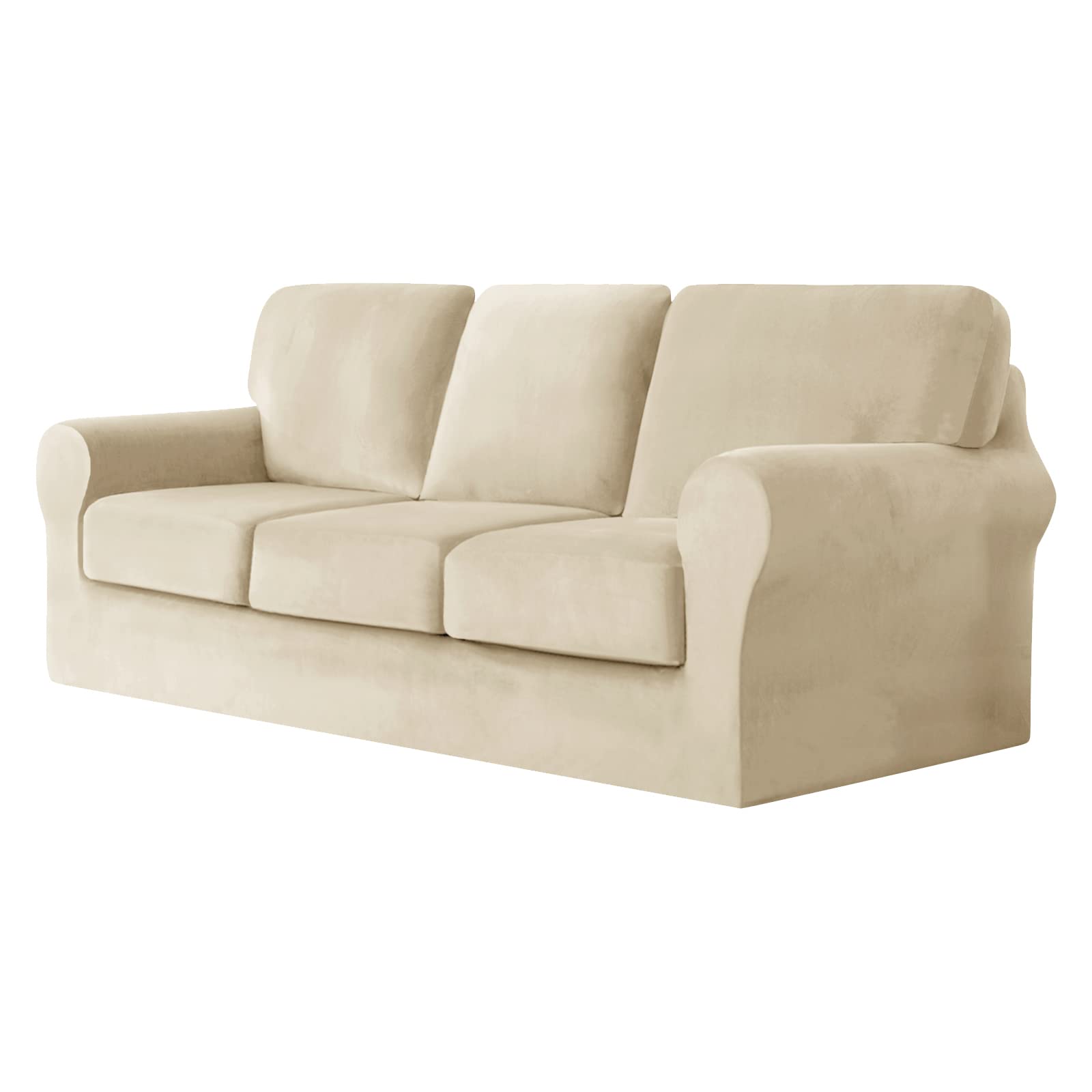 SYLC Sofa Cover with Separate Seat Cushions and Backrests Stretch Velvet Sofa Slipcover Couch Covers Furniture Protector Split Combined (Beige,Large 4 Seat Set 7 PCS)