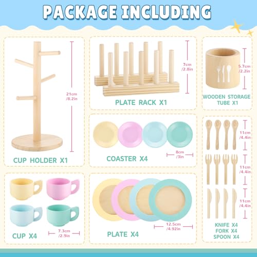 Image of GAGAKU Kids Wooden Play Dishes Set -27Pcs Montessori Play Kitchen Accessories Plates and Bowls Set, Storage Stand & Play Food, Pretend Cooking Toys for Ages 3-5, Educational Gift for Toddler