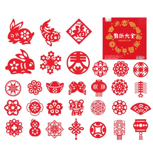 30PCS Chinese Handmade Paper-Cut, Traditional Art Paper Cutting, Fun Paper Cutting Art Crafts Kits for Window Decoration Spring Festival Chinese New Year Activity (red 30pc 17cmx17cm)