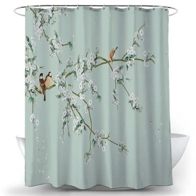 TEWAX Duschvorhang im chinesischen Stil, Blume, Vogel, wasserdicht, Badezimmervorhang, 3D-bedruckter Stoff mit Haken, Dekoration