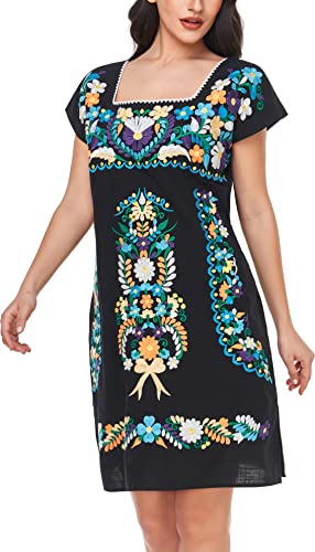 Image of YZXDORWJ Women Mexican Embroidered Dress Ruffle Collar Sleeveless