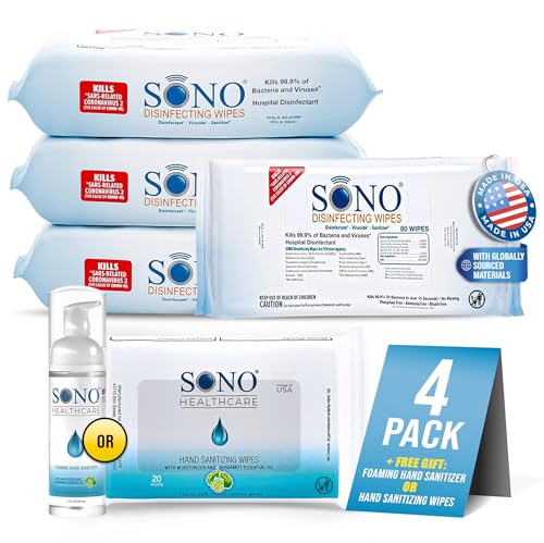 SONO Disinfecting Wipes - No Alcohol & Bleach Medical-Grade All-Purpose - School Household Dorm Salons Spas Pilates & Yoga Studios Cleaning Kit - 320 ct (pack of 4) 80 count packs w/Sanitizer