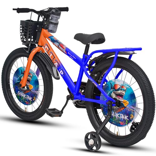 Image of Shark Tank 20 Inch Kids Bicycle with Training Wheels, Front Basket, Water Bottle, Rear Carrier & Full Chain Cover for Boys and Girls Ages 7-9 (Orange /Blue)