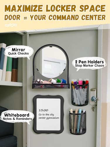 Image of ANPHSIN 12Pcs Metal Magnetic Locker Accessories Decor for Girls /Boys, Black | With Mirror, Whiteboard, 2 Pen Holders, 8 Markers, Locker Decorations Organizer Kit, Back to School Stuff Supplies