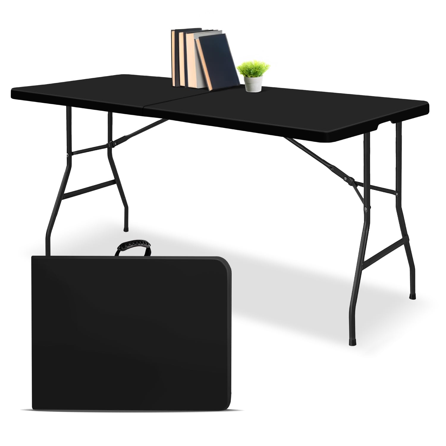 EconoHome Black 6ft Folding Table with Handle | Heavy-Duty Foldable Table | Portable Table for Indoor & Outdoor Use | Perfect for Events, Camping,