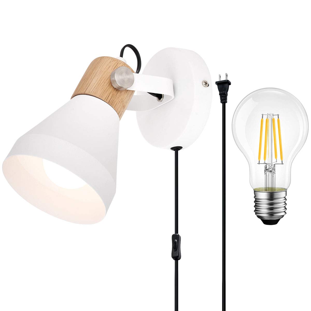 Modern Wall Sconces with Plug in Cord,Natural Wood Cap,Adjustable Spotlight,Matte White Wall Lamps for Bedroom,Living Room