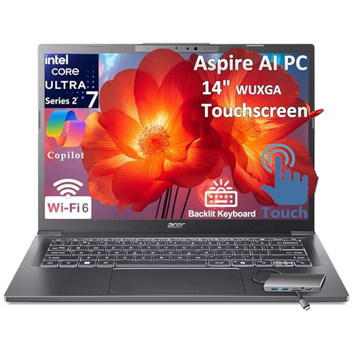 Acer 2026 Aspire AI Laptop for Business & Creators | Intel Core Ultra 7 258V, 32GB RAM, 2TB SSD, 14' FHD Touchscreen, Backlit KB, USB-C HUB, Lifetime Office 365, Long Battery Life, Windows 11 H, Gray