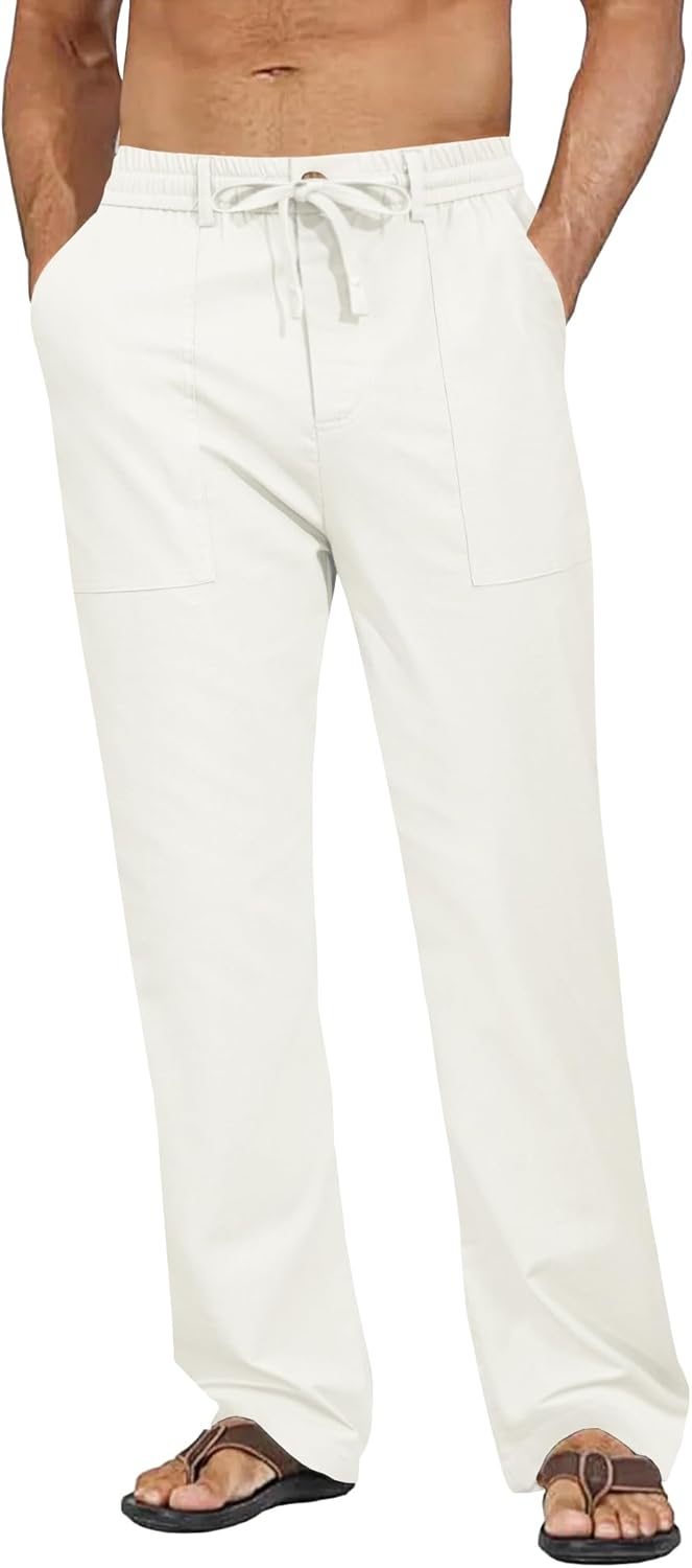 Mens Linen Pants Casual Elastic Waist Drawstring Pants Loose Straight Linen Pant Beach Trousers with 4 Pockets