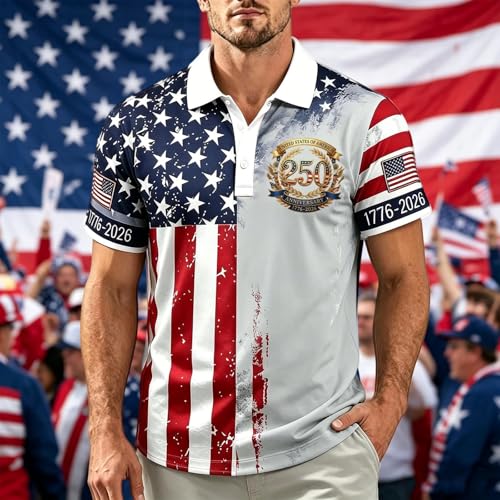USA 250Th Anniversary Freedom T Shirt,Men's 4Th of July Patriotic Polo Shirt 250Th Anniversary American Flag Quick Dry Golf Top(Grey,Large)
