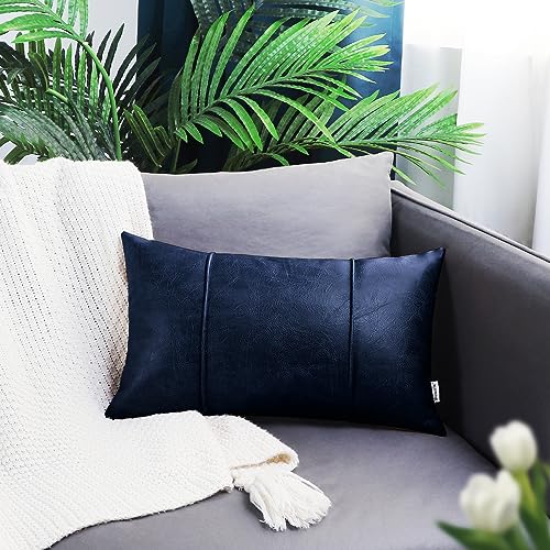 Image of BRAWARM Navy Blue Leather Throw Pillow Covers 12 X 20 Inches - Faux Leather Lumbar Pillow Cover with Piping, Hand Stitched Leather Throw Pillow for Couch Sofa Bed Living Room Home Decorative