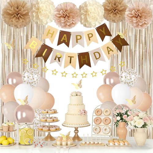 Décoration d'anniversaire neutre avec ballons sable doré et rideau à franges