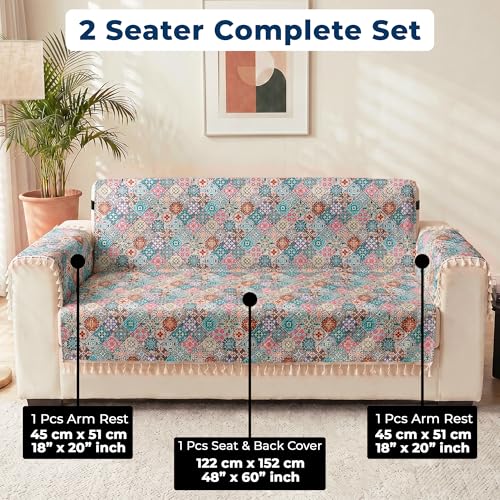 Image of Story@Home Sofa Cover with Tassel for 2 Seater Sofa | Full Protection for Seat Back & Arms | Quilted Velvet Anti Slip Sofa Mat for 2 Seater with 2 Armrest Covers (152x122 Cm) - Multi Color