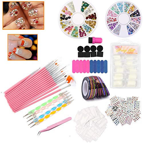 Nail Art Kit - 15x Nail Brushes, 5x Dotting Pen, Nail Liner, French false nails, Stripping Tapes, Gradient Sponge, Colorful Nail Decals, 3D Nail Rhinestones, Nail Files and a Tweezers (Pink)