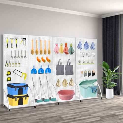 Eastern Tree 2.5'x 6' Metal Pegboard Display Stand with Base Plate, Standing Pegboard Display with Wheels, Peg Board Display Rack, Art Peg Board Panels Display Stand, Extra 20 pieces Hooks - White