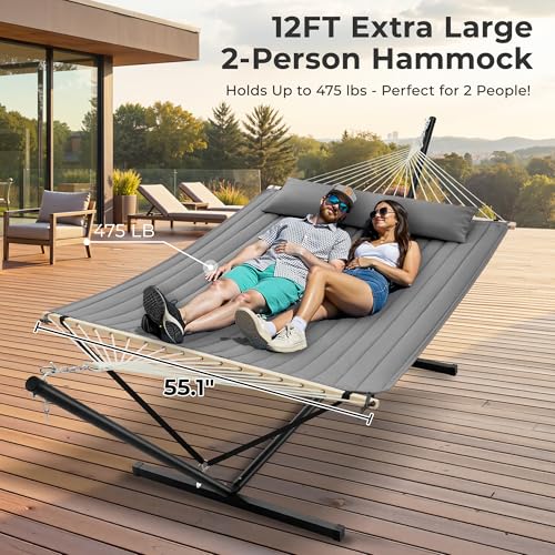 Image of SUPERJARE 12ft Double Hammock with Stand, Rope Hammock for 2 Person, Detachable Hammock Bed and Pillow, Portable, Anti-Tip Safety Ropes, Carry Bag, Outdoor Backyard Patio Camping, Gray