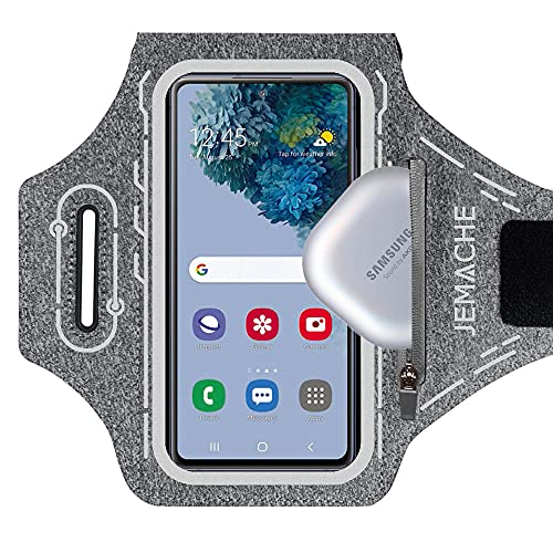 JEMACHE Armband for Samsung Galaxy S25 S24 S23 S22 S21 Ultra/Plus/FE, Gym Running Workouts Arm Band with Earbuds Holder (Grey)