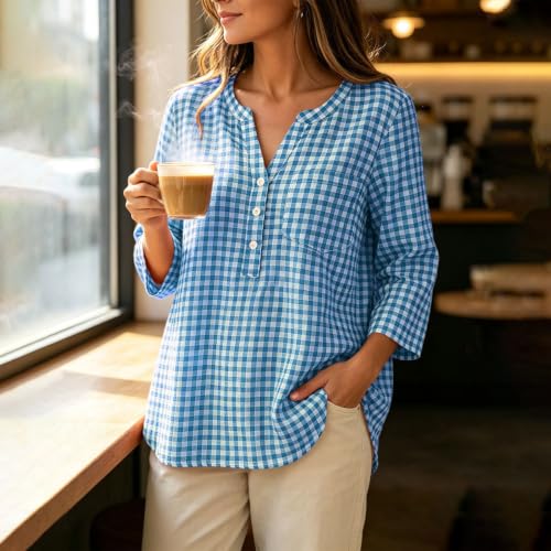 Plaid Shirts for Women V Neck Henley 3/4 Sleeve Henley Gingham Tops - image 2