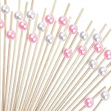 Blulu 200 Pieces Cocktail Picks 4.7 Inch Fruit Sticks Pearl Bamboo Toothpicks for Wedding Birthday Party Supplies (White and Pink)