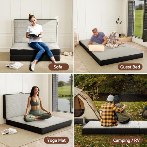 Image of ROXGOX Memory Foam Trifold Mattress, Queen Portable Floor Bed 4 Inch, Foldable Mat with Washable Cover, Handle & Non-Slip Bottom, for RV, Travel, Camping, Yoga, 78 inchx58 inchx4 inch, Grey