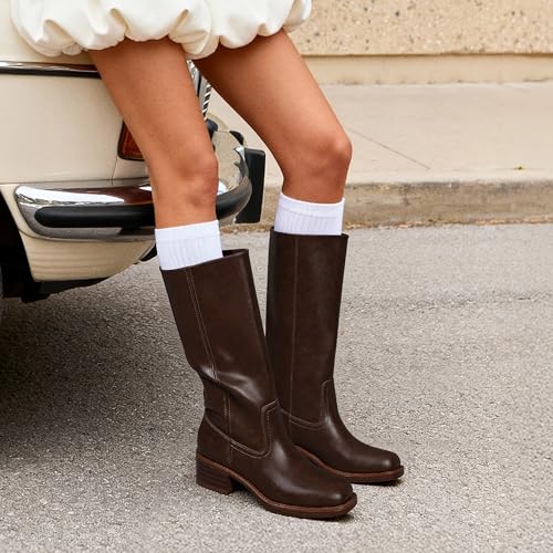 Image of DREAM PAIRS Women's Mid Calf Riding Boots Square Toe Retro Banana Boots Chunky Block Heel Pull-On Fashion Boots