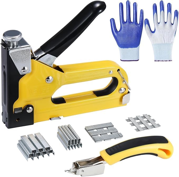 Engrapadora Tapiceria 4 en 1, Pistola de Grapas con Regulador de Presión, con 6000 Grapas, Removedor de Grapas, Guantes, para Tapicería...