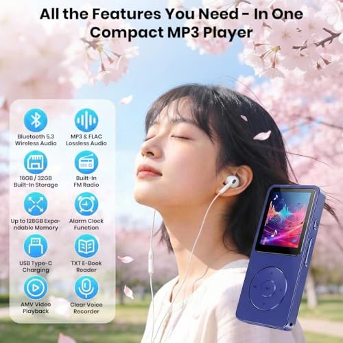 Image of AUDIOCULAR M61 MP3 Player with Bluetooth 5.3, Built-in Speaker, FM Radio, 16 /32GB Integrated SD Card Storage (Up to 128GB), Type-C Charging