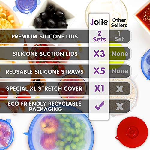 Jolie Premium Silicone Lids - Set of 13 Silicone Stretch Lids (w special XXL size), 3 Suction lids and Silicone Reusable Straws - Reusable Silicone Food Covers for Bowls and Containers - Thumbnail 2