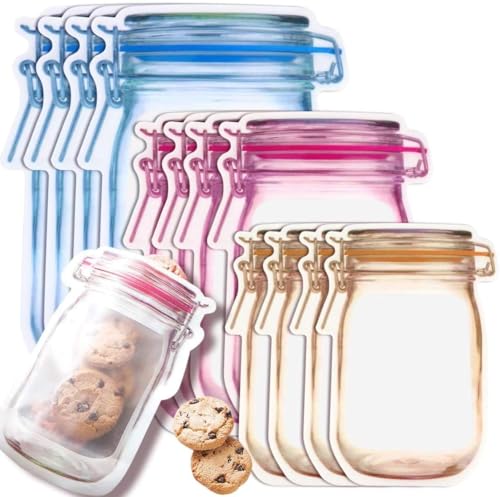 Image of Reusable Mason Jar Ziplock Bags - 12 PCS Airtight Food Storage Pouches in 3 Sizes | BPA-Free, Freezer Safe, Stand-Up Zip Lock Jar Pouches for Snacks, Dry Fruits, Vegetables, Travel Use | Food Storage Pouche
