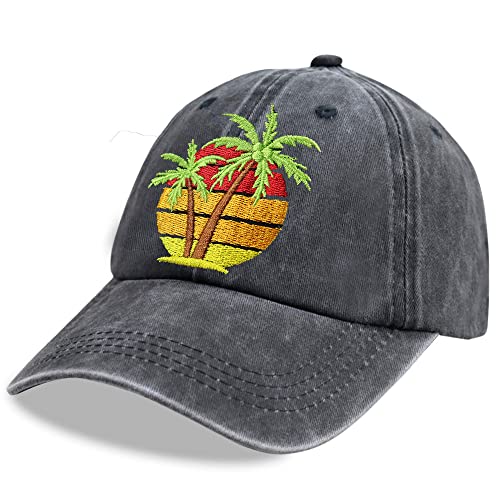 Image of Palm Tree Hat, Summer Vacation Sun Baseball Cap Vintage Embroidered Adjustable Distressed Washed for Men Women