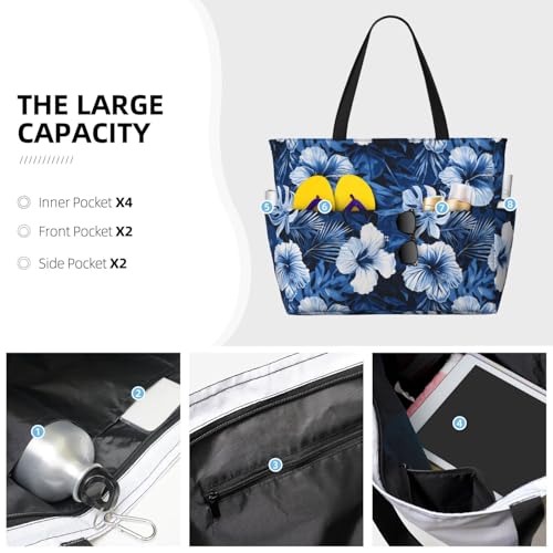 Large Beach Bags for Women Sandproof - Hawaiian Navy Blue Floral Print Summer Work Travel Tote Bags with Zipper3
