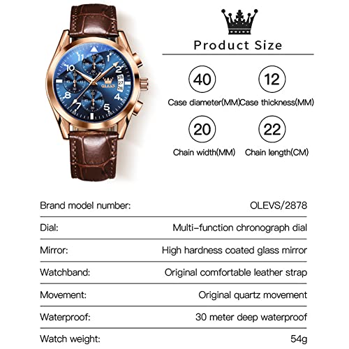 Image of OLEVS Men's Watches Leather Strap Analog Quartz Watch, Fashion Big Dial Date Waterproof Watch, Dress Luxury Luminous Men Watches, Blue Face /Brown Leather Strap, round, Quartz Watch