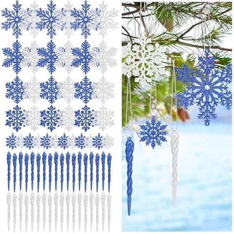 Daifunli 72 Pcs Winter Glitter Snowflake Icicle Ornaments Set Blue and Silver Snowflake Tree Ornaments Plastic Icicle Ornaments for Christmas Tree Window Holiday Xmas Wonderland Party Decoration Cover