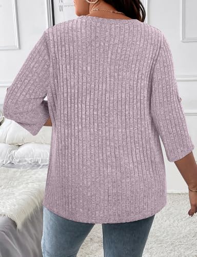 Image of Koscacy Women Plus Size V Neck 3 /4 Roll Sleeve Sweater Casual Knit Tops Solid Color Blouses
