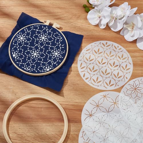 Image of FREEBLOSS 3 Set Sashiko Kit Sashiko Embroidery Kit Beginner Embroidery Kit Includes Embroidery Thread, Needles, Fabric and Hoop Embroidery Kits to Learn for Adults Wall Hanging Decor for Home