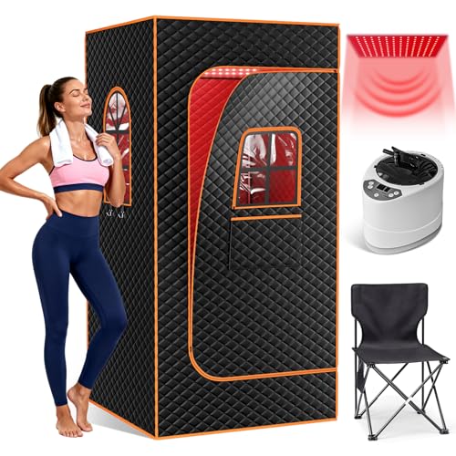 Tragbare Dampfsauna Infrarot Sauna für Zuhause, Saunabox mit 660nm Red Light Therapy, 3 Liter Dampfgenerator, Fernbedienung, Klappstuhl, Tragbare Saunazelt 90 x 90 x 180cm