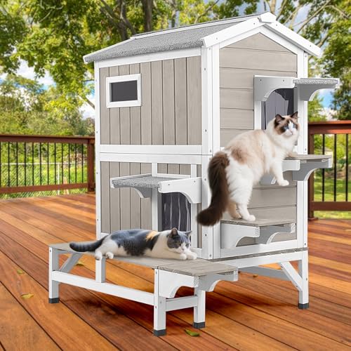 PetsCosset Outdoor Cat House Weatherproof with Balcony Outside Wooden Feral Cat Shelter with 3 Jumping Platforms and Openable Asphalt Roof for Cats an