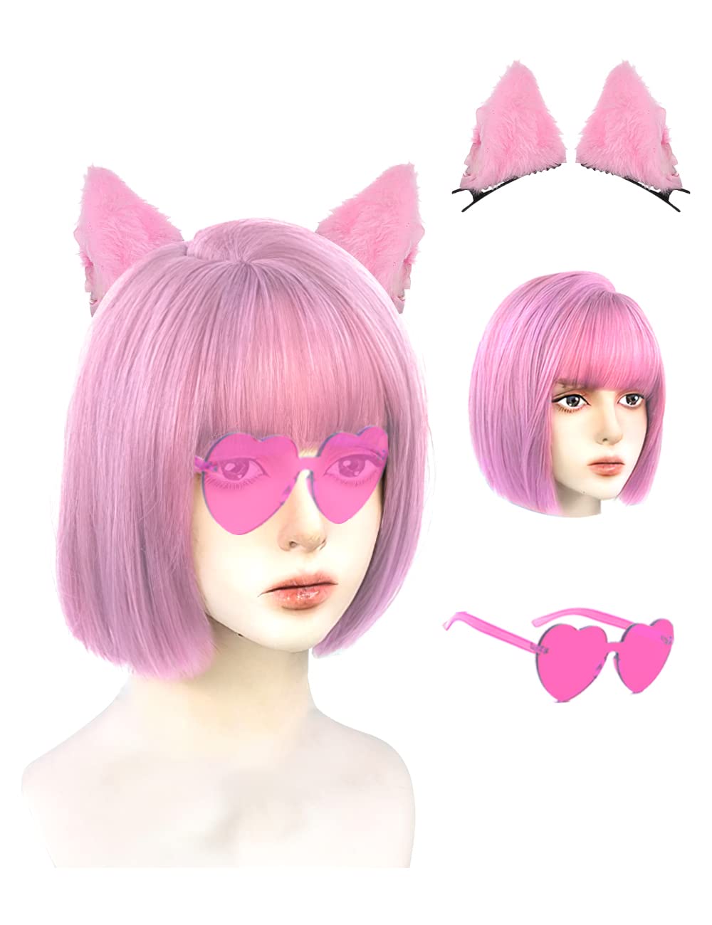 PLANTURECO Featured Wigs and Party Sunglasses, Color Bob Wig, Cosplay Wigs and Party Wigs, Rainbow Wig with Neon Glasses Wigs for Women - Bachelorette Party Wigs Decorations Favors (Apink)