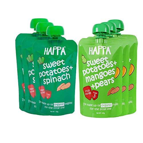 Happa Organic Food, Fruit Puree (Pack of 6, Sweet Potato + Spinach, Sweet Potato + Mango + Pear) Stage 3, 6 Pouches, 100 Gram Each Happa Organic Food, Fruit Puree (Pack of 6, Sweet Potato + Spinach, Sweet Potato + Mango + Pear) Stage 3, 6 Pouches, 100 Gram Each