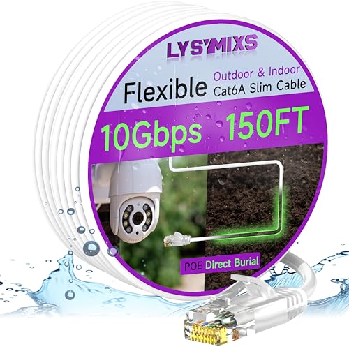 Lysymixs Cat6a Slim Ethernet Patch Cable 150ft Indoor & Outdoor Flexible 10G Cat6 Internet Network Cable Waterproof LLDPE UV Jacket Pure Copper Cat 6 Ethernet Cable White