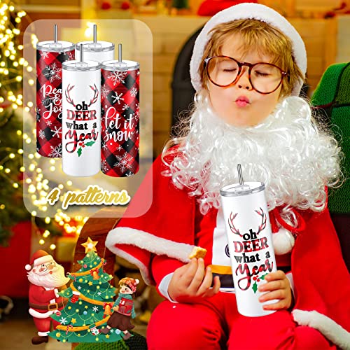 Maxdot 4 Pieces Christmas Tumbler Set Stainless Steel Christmas Mug Double Insulated Water Cup Vacuum Skinny Travel Tumbler For Lovers, 20 Oz With Lids Straws And Brushes(Buffalo Grid Style) #TOP4