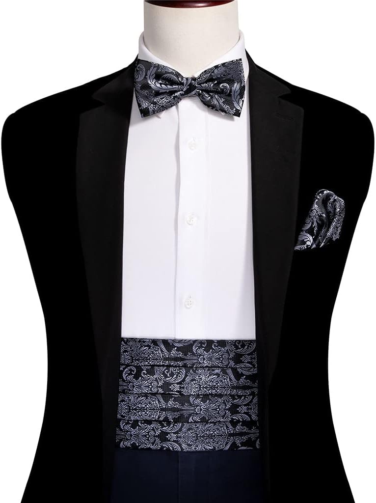 Silk Tuxedo Men's Cummerbund Bow Tie Pocket Square Set Black Formal Wide Elastic Belt For Men Wedding Party