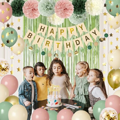 Image of Pink and Sage Green Birthday Party Decorations,Green Pink and Sand White Balloons Happy Birthday Banner star garland Fringe Curtains Birthday Background Pom Poms Decor for Girls Baby Women
