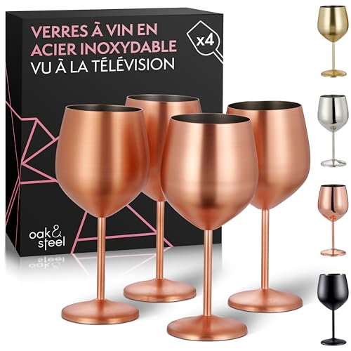 Oak & Steel - 4 Élégants Verres À Vin En Acier Inoxydable Or Rose Mat, 500ml - Set De Verres Incassables, Pour Mariages, Anniversaires, Fêtes De Fin D'année