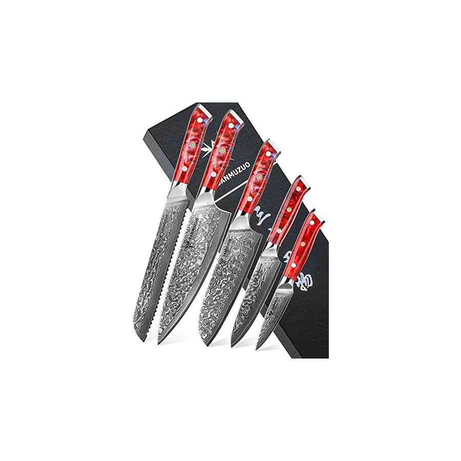 SANMUZUO-Chef-Cooking-Knives-Set-Kitchen-Knife-Set-of-5-Piece-Ultra-Sharp-VG10-Damascus-Steel-Resin-Handle-Xuan-Series-Sunset-Red SANMUZUO Chef Cooking Knives Set- Kitchen Knife Set of 5 Piece - Ultra-Sharp VG10 Damascus Steel & Resin Handle - Xuan Series (Sunset Red)