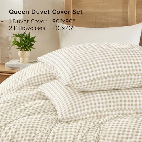 Image of Andency Gingham Duvet Cover Queen Size, Cream Beige Checkered Plaid Bedding Set, 3 Pieces Soft Prewashed Polyester Comforter Cover with Zipper Closure & Corner Ties