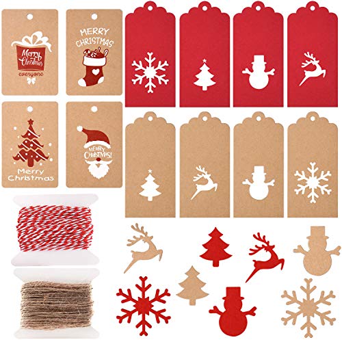 TUPARKA 200 Pcs Christmas Paper Tags Kraft Gift Tags Hang Labels Christmas Tree Snowflake Elk for DIY Christmas Gift Label Package Name Card,12 Styles