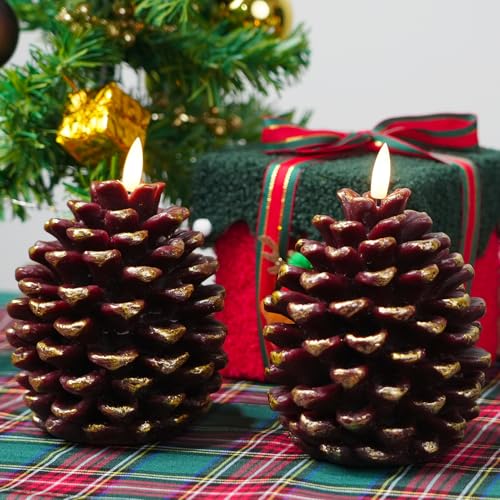 Image of LED Pine Cone Candles, Battery Operated Flameless Candles with Timer Unscented Wax Pinecone Candles Brown 2 Pack for Christmas Home Party Decoration(D3.9 x H5.9 Inch)