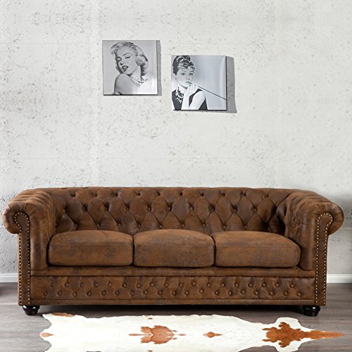 cagü edler Designklassiker 3er Sofa Winchester Braun Kunstleder im klassisch englischen Chesterfield-Stil